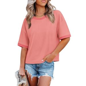 image:imageWIHOLL Womens T Shirts Loose Fit Short Half Sleeve Crew Neck Oversized Tshirts Color Block Summer Tops Fashion 2026Coral