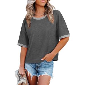 image:imageWIHOLL Womens T Shirts Loose Fit Short Half Sleeve Crew Neck Oversized Tshirts Color Block Summer Tops Fashion 2026Dark Grey