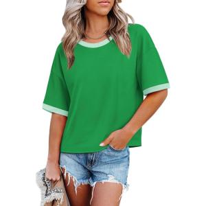 image:imageWIHOLL Womens T Shirts Loose Fit Short Half Sleeve Crew Neck Oversized Tshirts Color Block Summer Tops Fashion 2026Green