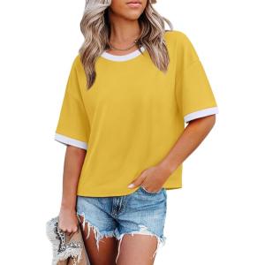 image:imageWIHOLL Womens T Shirts Loose Fit Short Half Sleeve Crew Neck Oversized Tshirts Color Block Summer Tops Fashion 2026Lemon Yellow