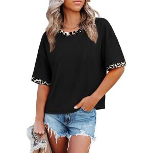 image:imageWIHOLL Womens T Shirts Loose Fit Short Half Sleeve Crew Neck Oversized Tshirts Color Block Summer Tops Fashion 2026Leopard Black