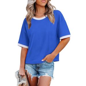 image:imageWIHOLL Womens T Shirts Loose Fit Short Half Sleeve Crew Neck Oversized Tshirts Color Block Summer Tops Fashion 2026Royal Blue