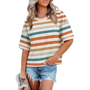 image:imageWIHOLL Womens T Shirts Loose Fit Short Half Sleeve Crew Neck Oversized Tshirts Color Block Summer Tops Fashion 2026Stripes Orange