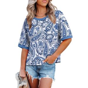 image:imageWIHOLL Womens T Shirts Loose Fit Short Half Sleeve Crew Neck Oversized Tshirts Color Block Summer Tops Fashion 2026The Ethinc Blue