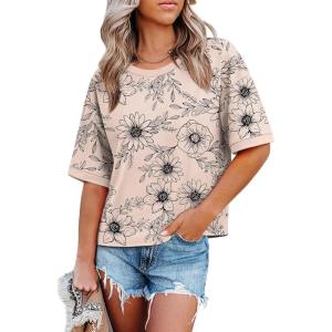 image:imageWIHOLL Womens T Shirts Loose Fit Short Half Sleeve Crew Neck Oversized Tshirts Color Block Summer Tops Fashion 2026The Printed Khaki