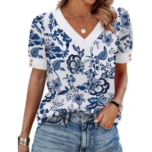 image:imageWIHOLL Womens Tops Boho Summer Outfits 2026 Short Sleeve Shirts with Bottons Beach Vacation Clothes Casual S3XL05white Tribal Blue Floral