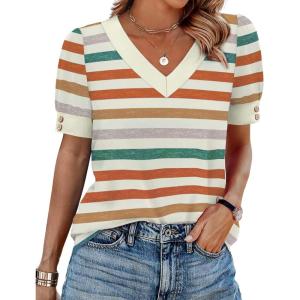 image:imageWIHOLL Womens Tops Boho Summer Outfits 2026 Short Sleeve Shirts with Bottons Beach Vacation Clothes Casual S3XL06striped Orange