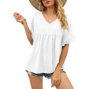image:imageWIHOLL Womens Tops Casual V Neck Ruffle Sleeve T Shirts Babydoll Loose Fit Peplum Tops0white