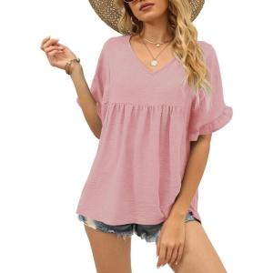 image:imageWIHOLL Womens Tops Casual V Neck Ruffle Sleeve T Shirts Babydoll Loose Fit Peplum Tops2baby Pink