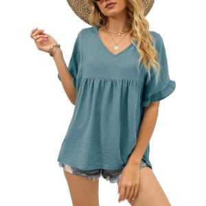 image:imageWIHOLL Womens Tops Casual V Neck Ruffle Sleeve T Shirts Babydoll Loose Fit Peplum Tops2blue