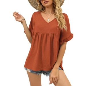 image:imageWIHOLL Womens Tops Casual V Neck Ruffle Sleeve T Shirts Babydoll Loose Fit Peplum Tops2brown