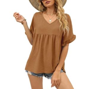 image:imageWIHOLL Womens Tops Casual V Neck Ruffle Sleeve T Shirts Babydoll Loose Fit Peplum Tops2coffee