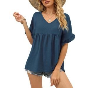 image:imageWIHOLL Womens Tops Casual V Neck Ruffle Sleeve T Shirts Babydoll Loose Fit Peplum Tops2dark Blue