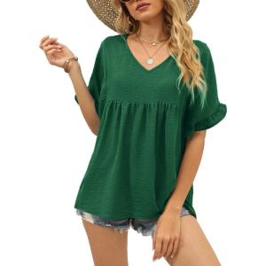 image:imageWIHOLL Womens Tops Casual V Neck Ruffle Sleeve T Shirts Babydoll Loose Fit Peplum Tops2dark Green
