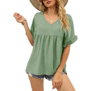 image:imageWIHOLL Womens Tops Casual V Neck Ruffle Sleeve T Shirts Babydoll Loose Fit Peplum Tops2green