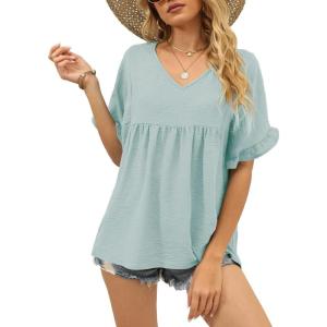 image:imageWIHOLL Womens Tops Casual V Neck Ruffle Sleeve T Shirts Babydoll Loose Fit Peplum Tops2light Green