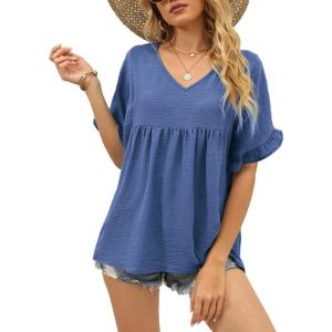 image:imageWIHOLL Womens Tops Casual V Neck Ruffle Sleeve T Shirts Babydoll Loose Fit Peplum Tops2navy Blue