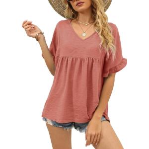 image:imageWIHOLL Womens Tops Casual V Neck Ruffle Sleeve T Shirts Babydoll Loose Fit Peplum Tops2pink