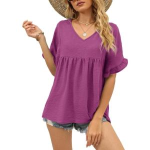 image:imageWIHOLL Womens Tops Casual V Neck Ruffle Sleeve T Shirts Babydoll Loose Fit Peplum Tops2purple