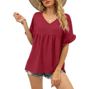 image:imageWIHOLL Womens Tops Casual V Neck Ruffle Sleeve T Shirts Babydoll Loose Fit Peplum Tops2red