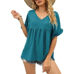 image:imageWIHOLL Womens Tops Casual V Neck Ruffle Sleeve T Shirts Babydoll Loose Fit Peplum Tops2sky Blue