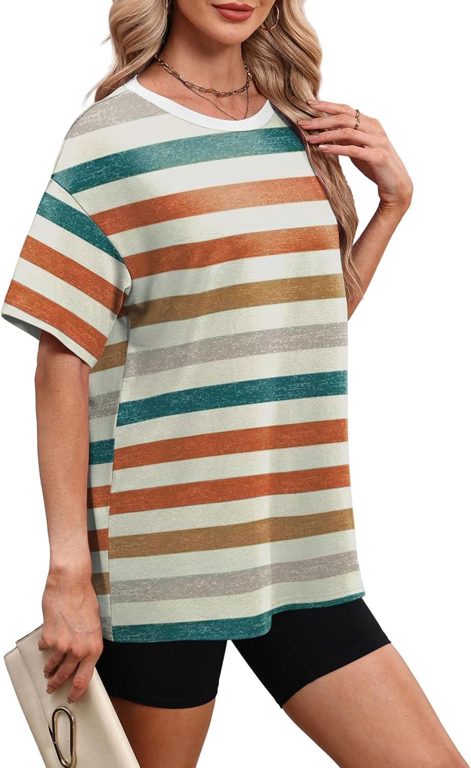 image:imageWIHOLL Oversized Tshirts for Women Summer Tops Short Sleeve T Shirts Beach Vacation Clothes Travel Outfits Fashion 2026Colorful Stripes