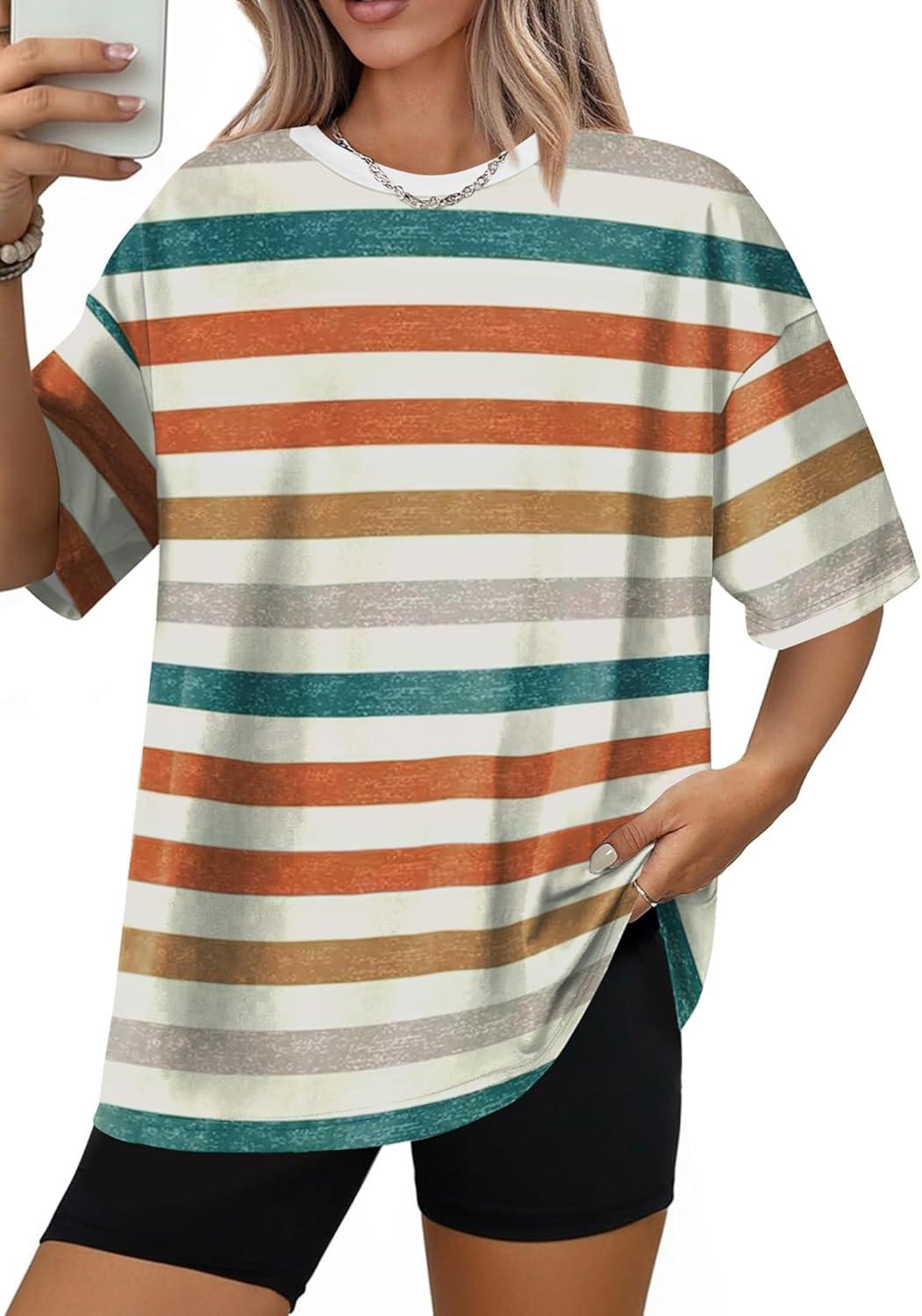 image:imageWIHOLL Oversized Tshirts for Women Summer Tops Short Sleeve T Shirts Beach Vacation Clothes Travel Outfits Fashion 2026Colorful Stripes