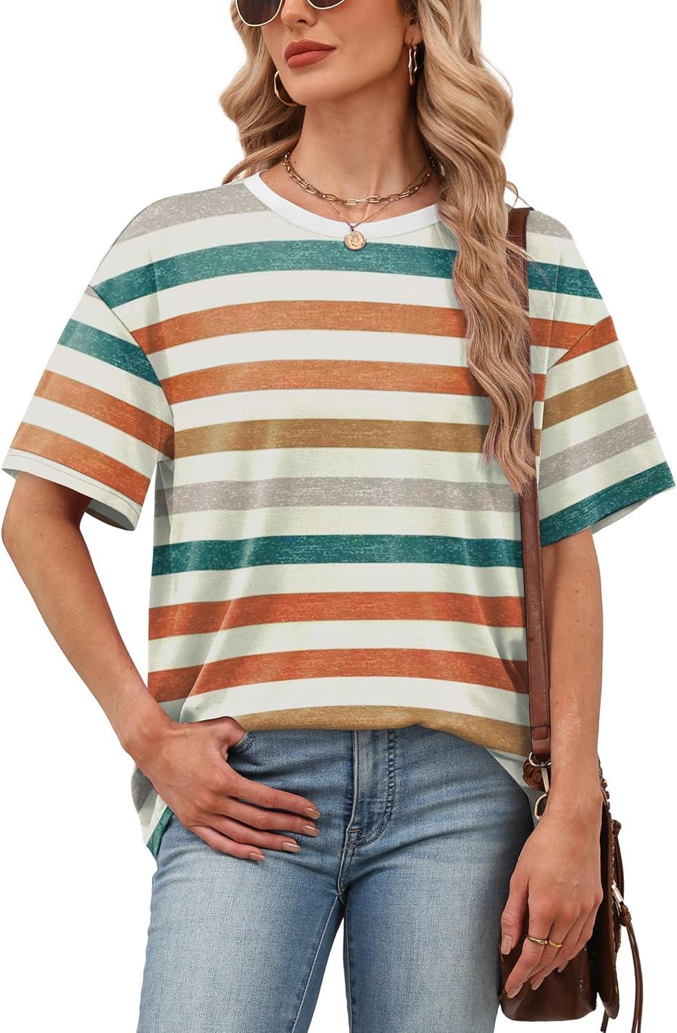image:imageWIHOLL Oversized Tshirts for Women Summer Tops Short Sleeve T Shirts Beach Vacation Clothes Travel Outfits Fashion 2026Colorful Stripes