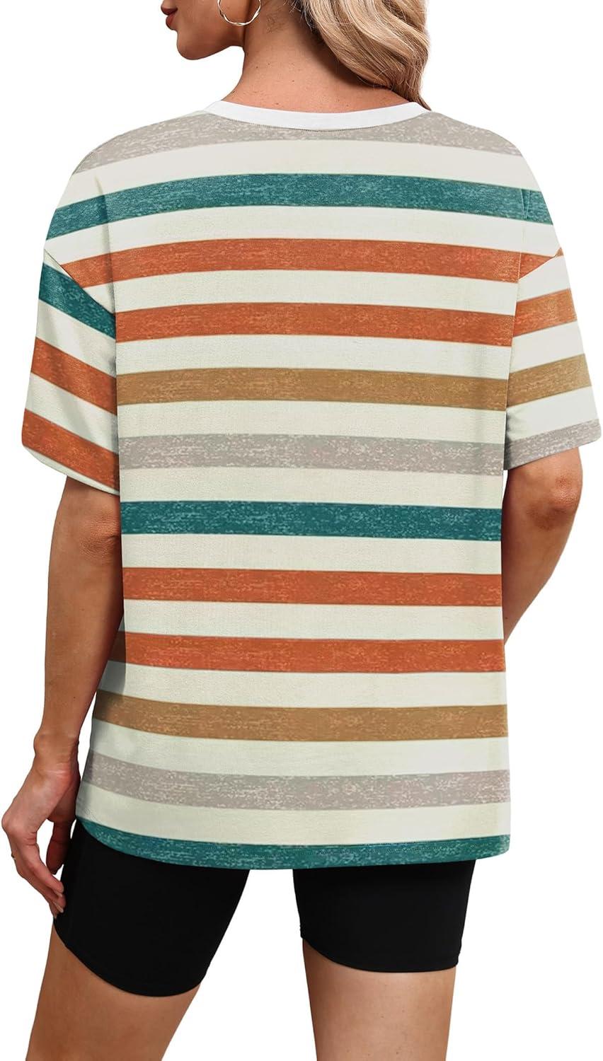 image:imageWIHOLL Oversized Tshirts for Women Summer Tops Short Sleeve T Shirts Beach Vacation Clothes Travel Outfits Fashion 2026Colorful Stripes