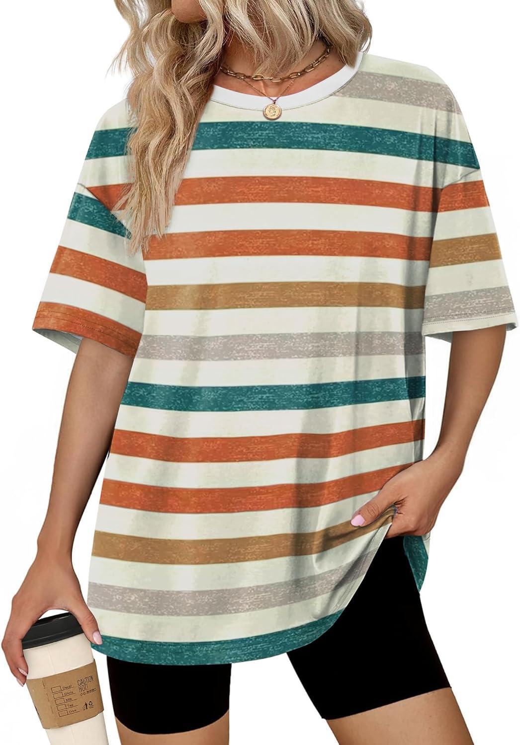 image:imageWIHOLL Oversized Tshirts for Women Summer Tops Short Sleeve T Shirts Beach Vacation Clothes Travel Outfits Fashion 2026Colorful Stripes