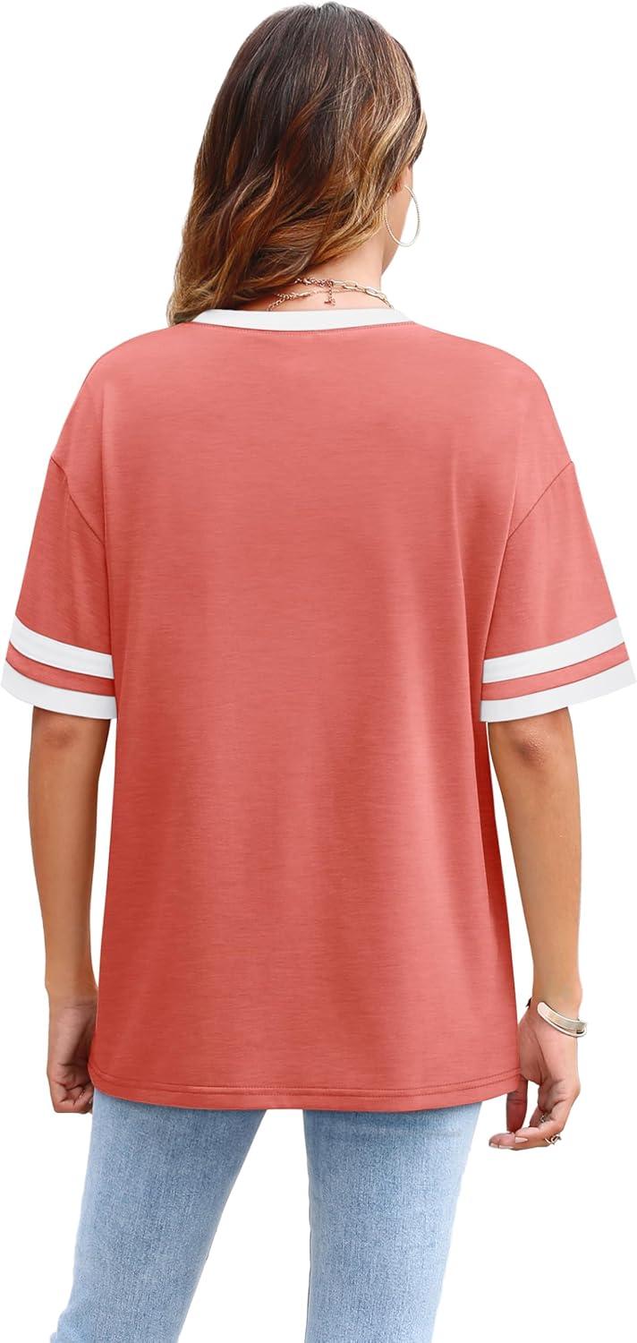 image:imageWIHOLL Womens T Shirts Loose Fit Short Sleeve Tees Crew Neck Color Block Summer Tops 2026 FashionCoral