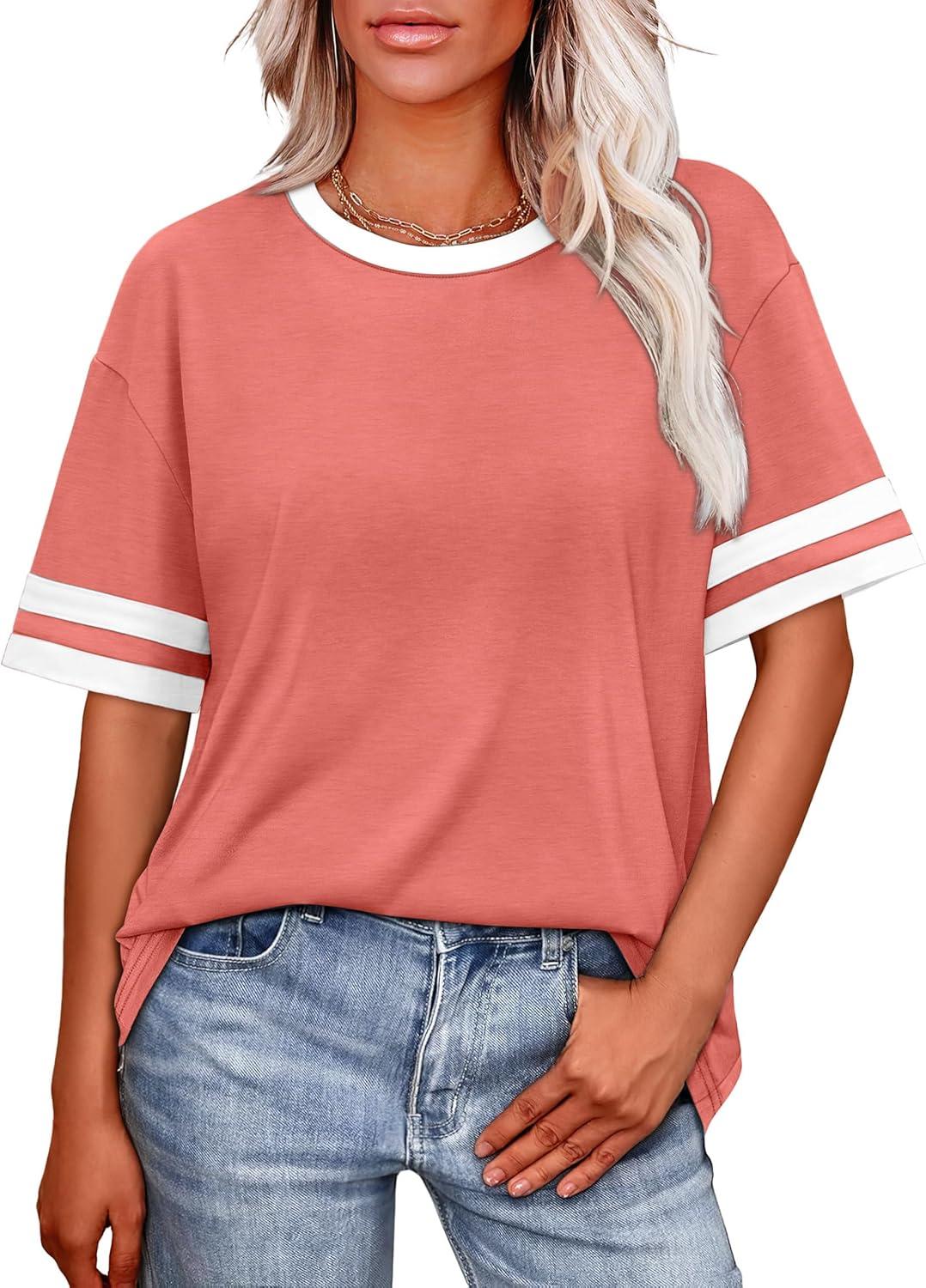 image:imageWIHOLL Womens T Shirts Loose Fit Short Sleeve Tees Crew Neck Color Block Summer Tops 2026 FashionCoral