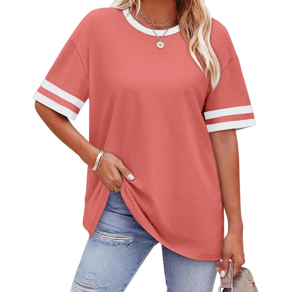 image:imageWIHOLL Womens T Shirts Loose Fit Short Sleeve Tees Crew Neck Color Block Summer Tops 2026 FashionCoral