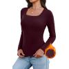 image:imageWIHOLL Long Sleeve Thermal Shirts for Women Light Fleece Tops Spring 2026 Square Neck Basic TeesWine