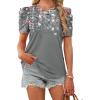 image:imageWIHOLL Summer Tops for Women Puff Sleeve Crewneck T Shirts Dressy Casual Blouses Spring Outfits Fashion ClothesFloral Grey