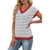 image:imageWIHOLL Womens Short Sleeve Sweater V Neck Cute Tops Trendy Spring Summer Striped Pullover Crochet Sweater Vest1white Black Red