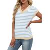 image:imageWIHOLL Womens Short Sleeve Sweater V Neck Cute Tops Trendy Spring Summer Striped Pullover Crochet Sweater Vest1white Blue Beige