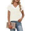 image:imageWIHOLL Womens Short Sleeve Sweater V Neck Cute Tops Trendy Spring Summer Striped Pullover Crochet Sweater VestKhaki White