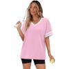 image:imageWIHOLL Womens T Shirts Loose Fit Short Sleeve Tees V Neck Color Block Summer Tops 2026 Fashion S4XL03  Pink