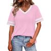 image:imageWIHOLL Womens T Shirts Loose Fit Short Sleeve Tees V Neck Color Block Summer Tops 2026 Fashion S4XL03  Pink