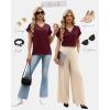 image:imageWIHOLL Womens Tops Dressy Casual Rolled Short Sleeve V Neck T Shirts Summer Business Work Blouses Crepe Texture OutfitsAburgundy