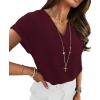 image:imageWIHOLL Womens Tops Dressy Casual Rolled Short Sleeve V Neck T Shirts Summer Business Work Blouses Crepe Texture OutfitsAburgundy
