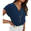 image:imageWIHOLL Womens Tops Dressy Casual Rolled Short Sleeve V Neck T Shirts Summer Business Work Blouses Crepe Texture OutfitsBnavy Blue