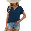 image:imageWIHOLL Womens Tops Dressy Casual Rolled Short Sleeve V Neck T Shirts Summer Business Work Blouses Crepe Texture OutfitsBnavy Blue