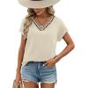 image:imageWIHOLL Womens Tops Dressy Casual Rolled Short Sleeve V Neck T Shirts Summer Business Work Blouses Crepe Texture OutfitsPapricotripple Stripd