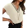 image:imageWIHOLL Womens Tops Dressy Casual Rolled Short Sleeve V Neck T Shirts Summer Business Work Blouses Crepe Texture OutfitsPapricotripple Stripd