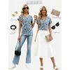 image:imageWIHOLL Womens Tops Dressy Casual Rolled Short Sleeve V Neck T Shirts Summer Business Work Blouses Crepe Texture OutfitsPblue Ethnic Flower