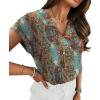 image:imageWIHOLL Womens Tops Dressy Casual Rolled Short Sleeve V Neck T Shirts Summer Business Work Blouses Crepe Texture OutfitsPbohemia Print