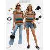 image:imageWIHOLL Womens Tops Dressy Casual Rolled Short Sleeve V Neck T Shirts Summer Business Work Blouses Crepe Texture OutfitsPcolorful Striped
