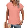 image:imageWIHOLL Womens V Neck Ruched Cap Sleeve T ShirtCoral